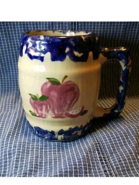 Vtg Alpine Pottery Mug  Roseville OH 1995 Apple Blue Sponge Farmhouse Country